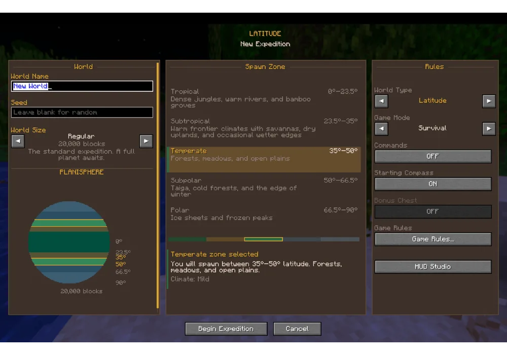 Новый экран создания мира в моде Latitude