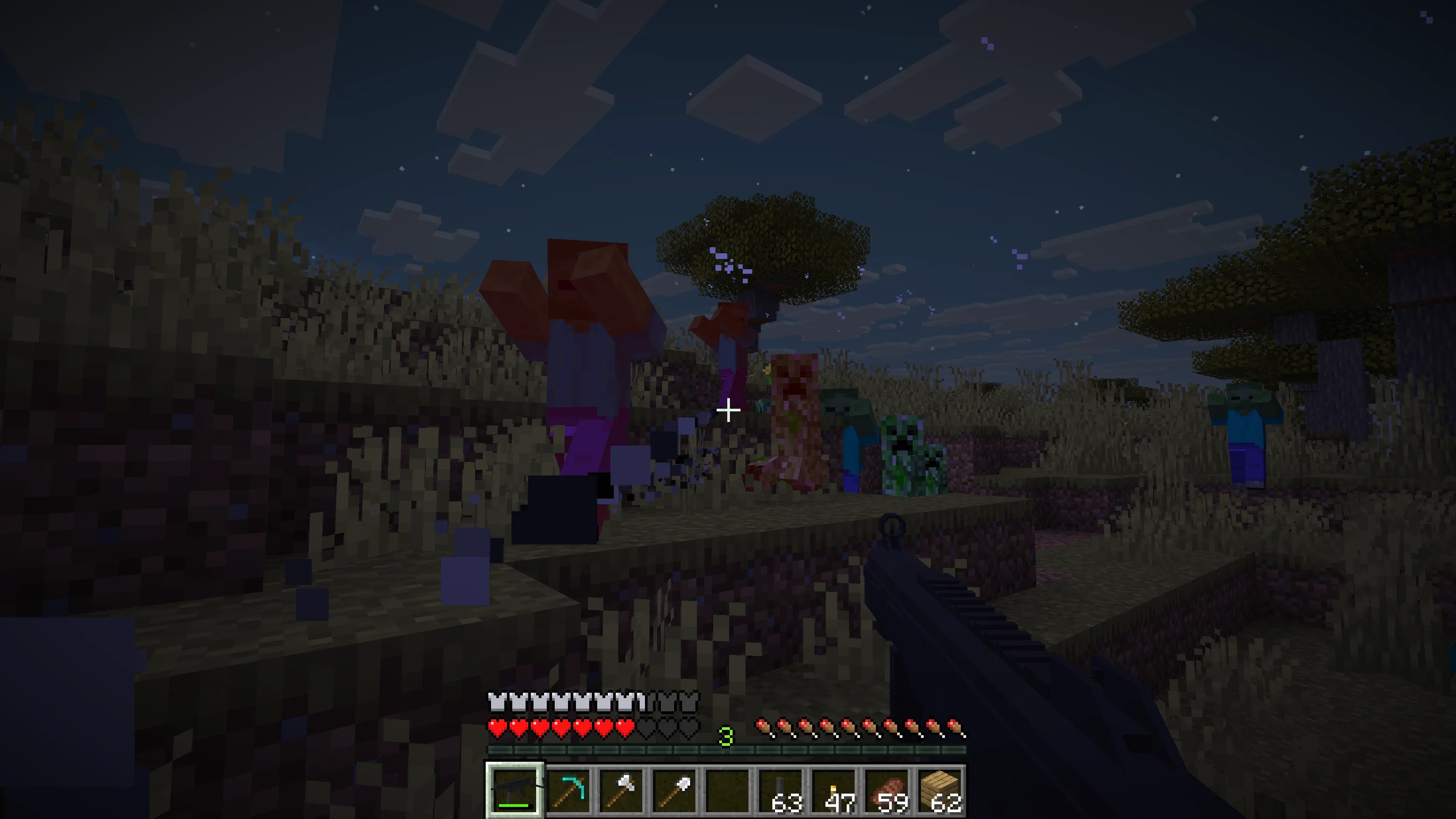 Игрок использует пистолет-пулемет UMP-45 из мода Chems' Guns против монстров в Minecraft.