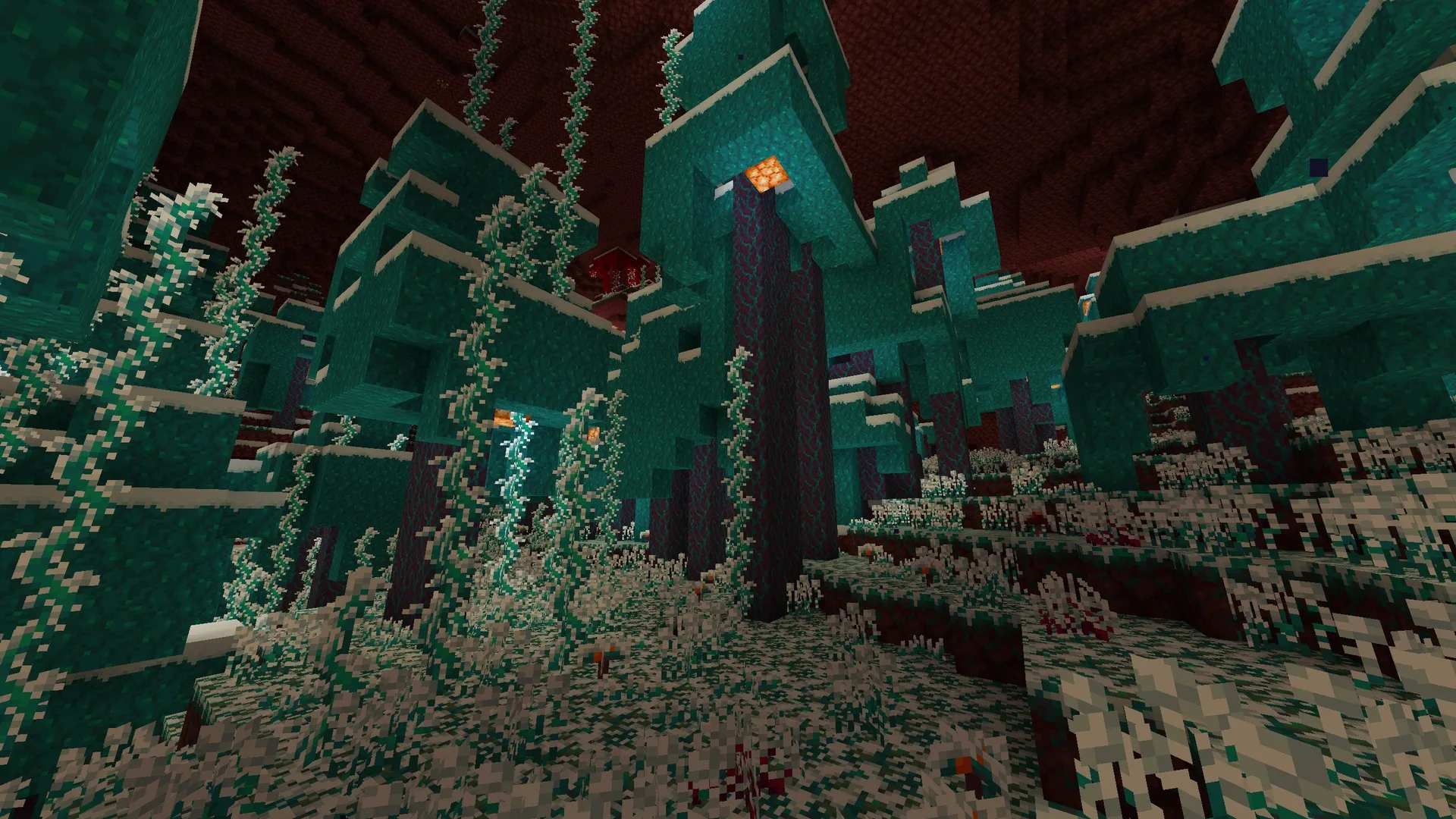 Искаженный лес в Нижнем мире с яркой бирюзовой растительностью.