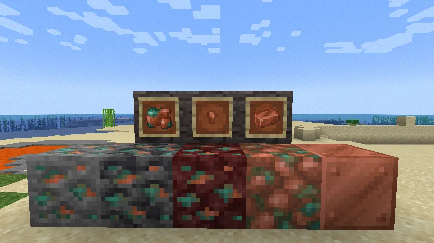 Набор медных руд, блоков, слитков и самородков из мода Syncore.