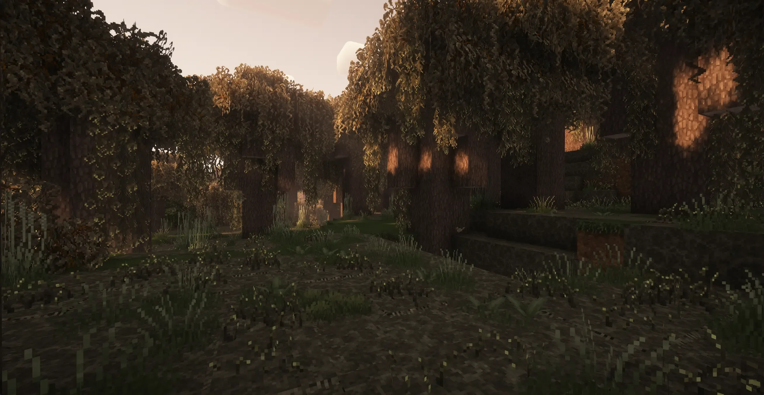 Вид на биом Pale Garden в Minecraft с использованием текстурпака Alacrity.