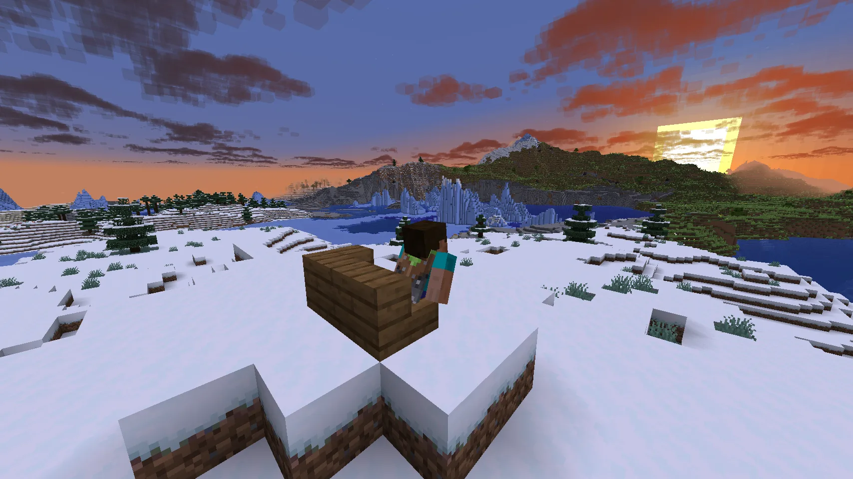 Персонаж Стив наблюдает за закатом в Minecraft.