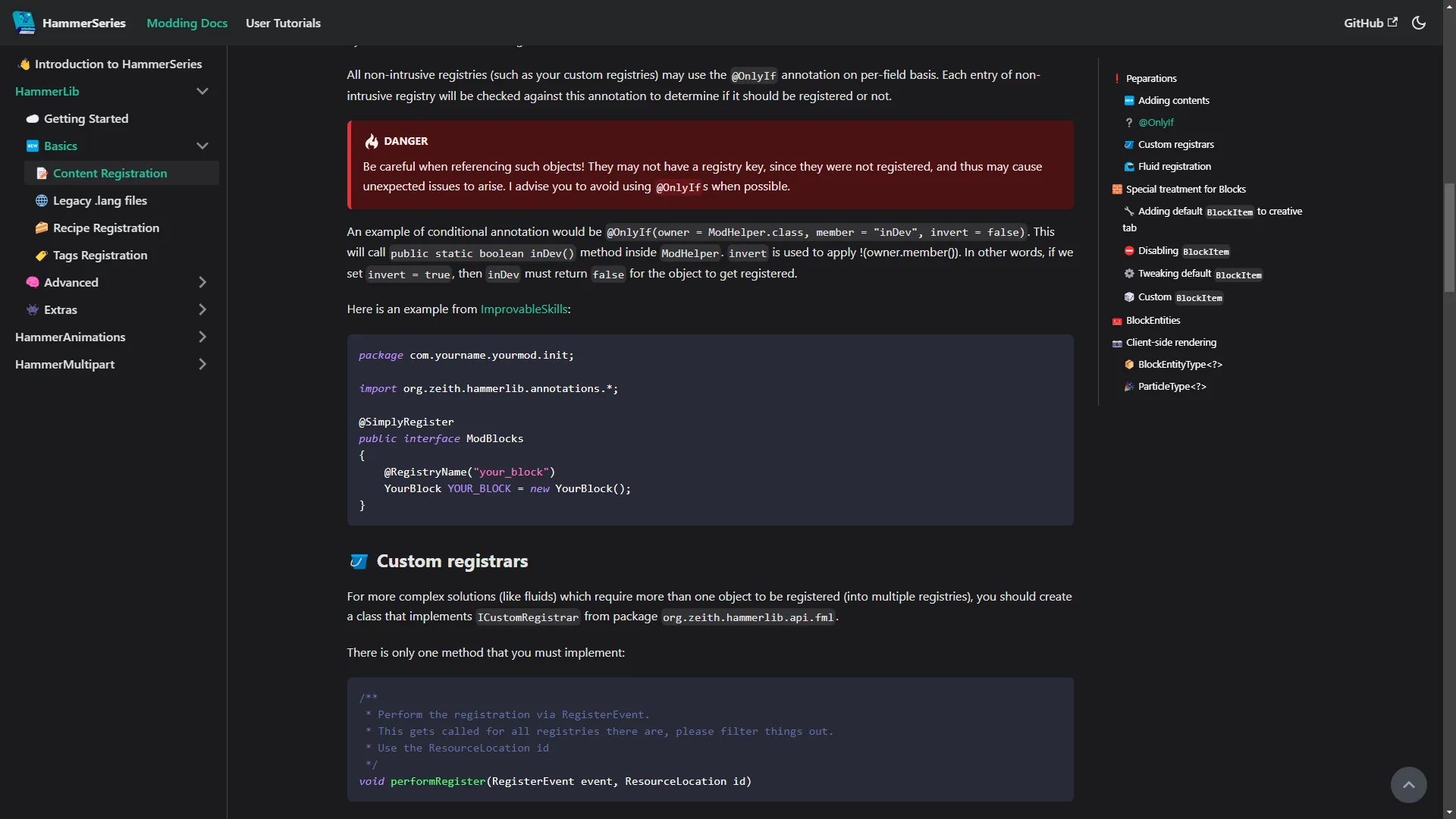 Логотип HammerLib на фоне сайта mcdoc.zeith.org.