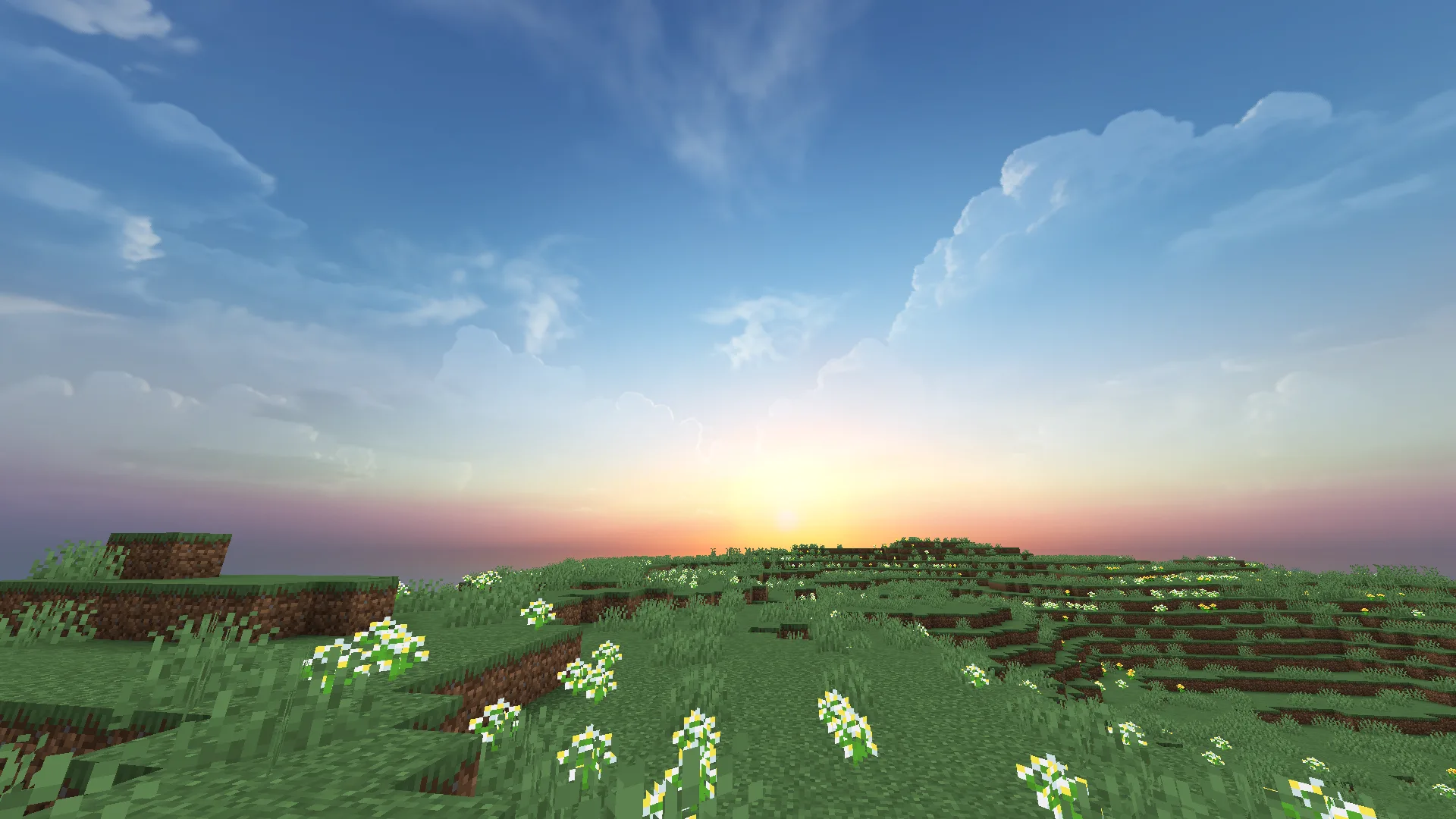Закат в Minecraft с использованием шейдеров Hyper Realistic Sky.