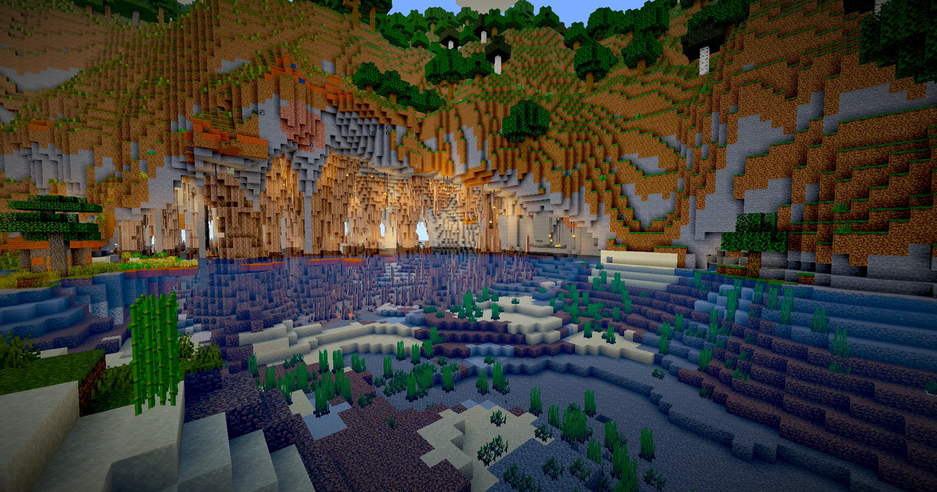 Водная пещера рядом с деревней в шейдерах Chara's Vibrant Shaders