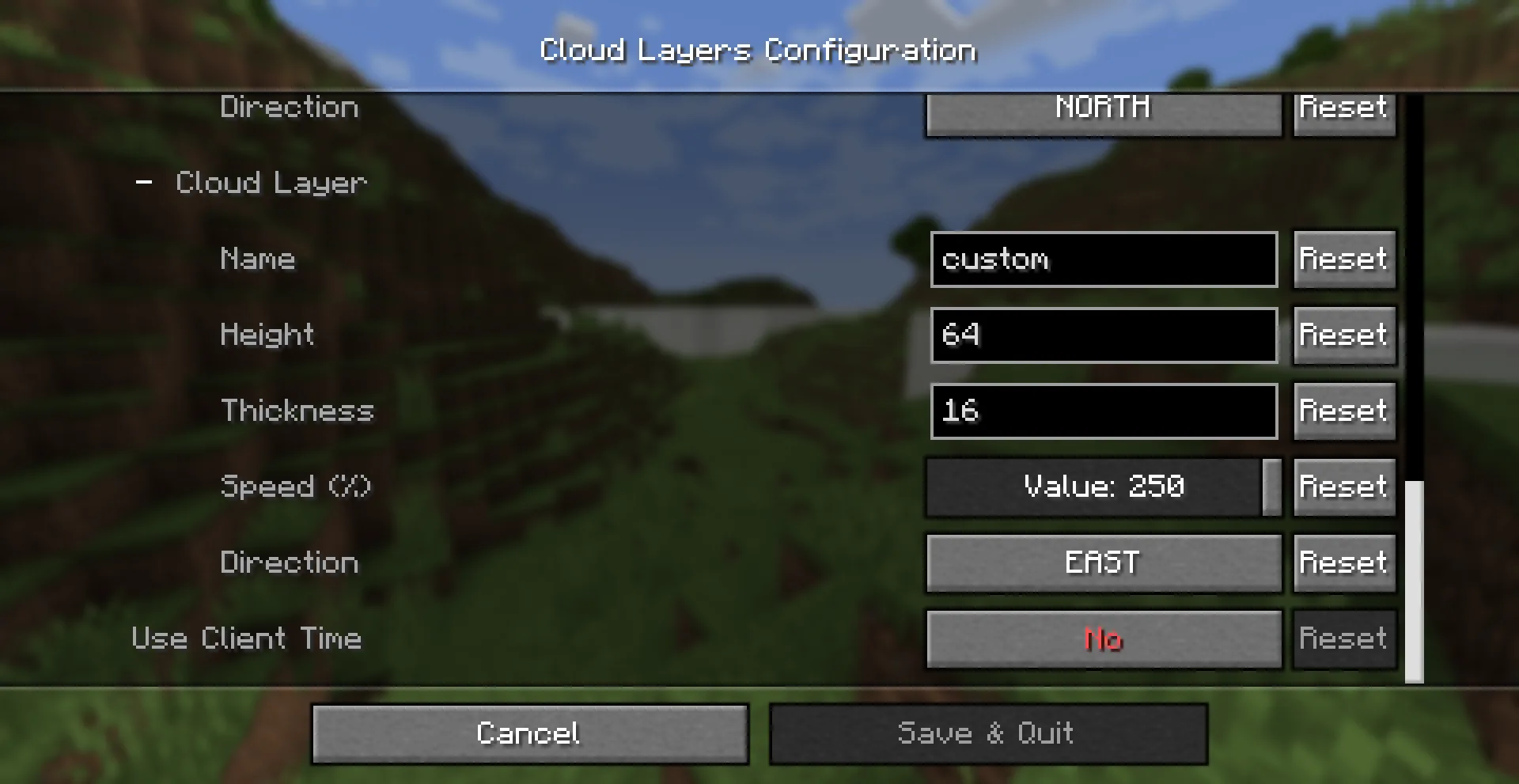 Меню настроек мода Cloud Layers в ModMenu
