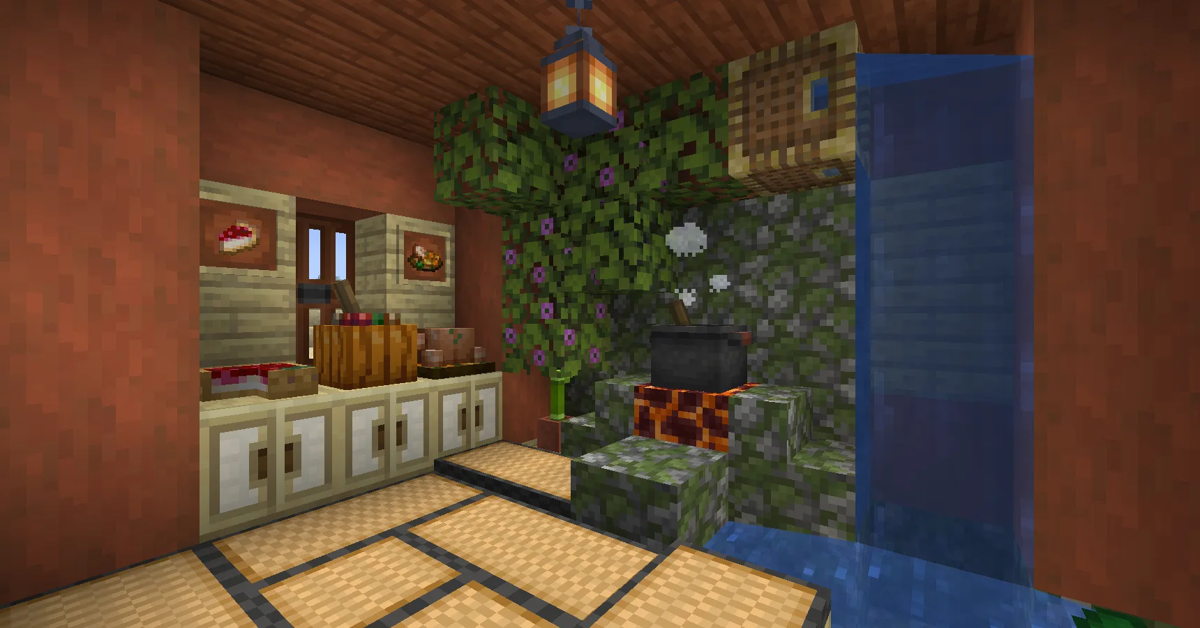 Уютные деревенские декорации из мода Farmer's Delight в интерьере дома Minecraft.