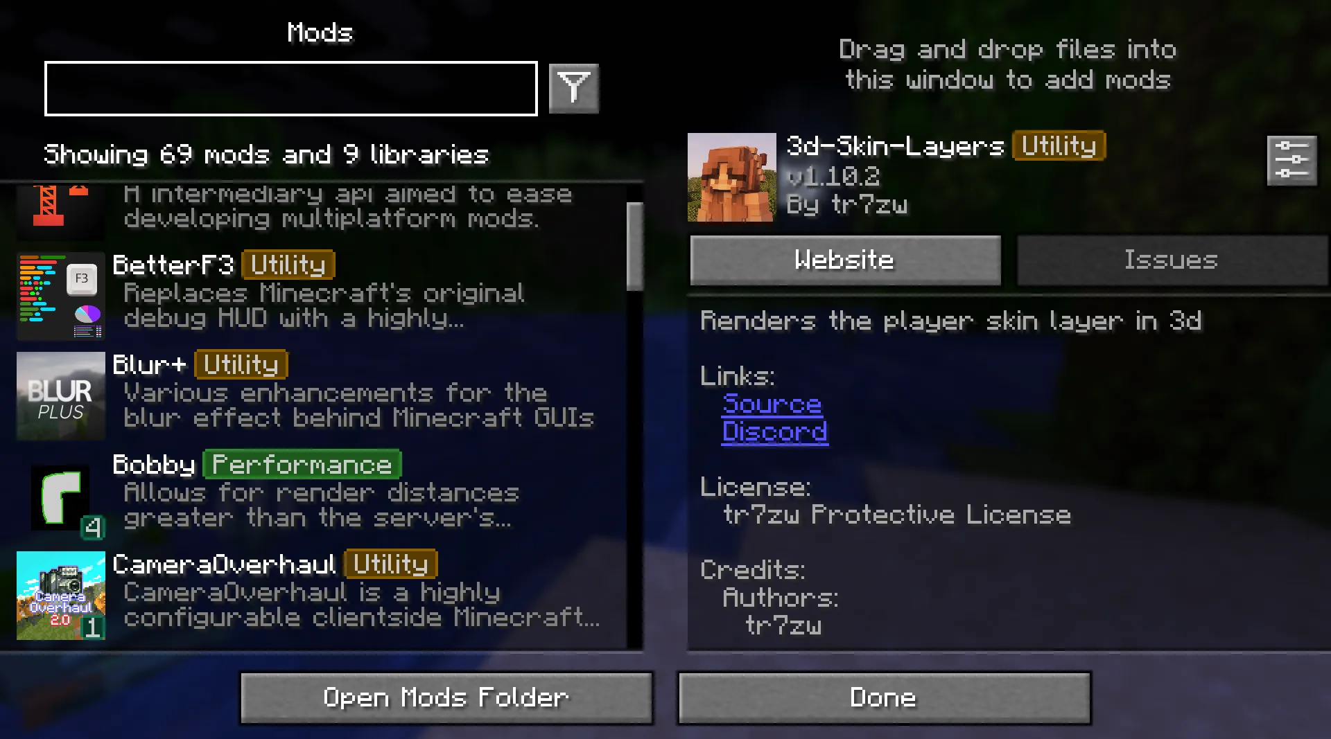 Интерфейс Minecraft с установленным модом Mod Menu Filter