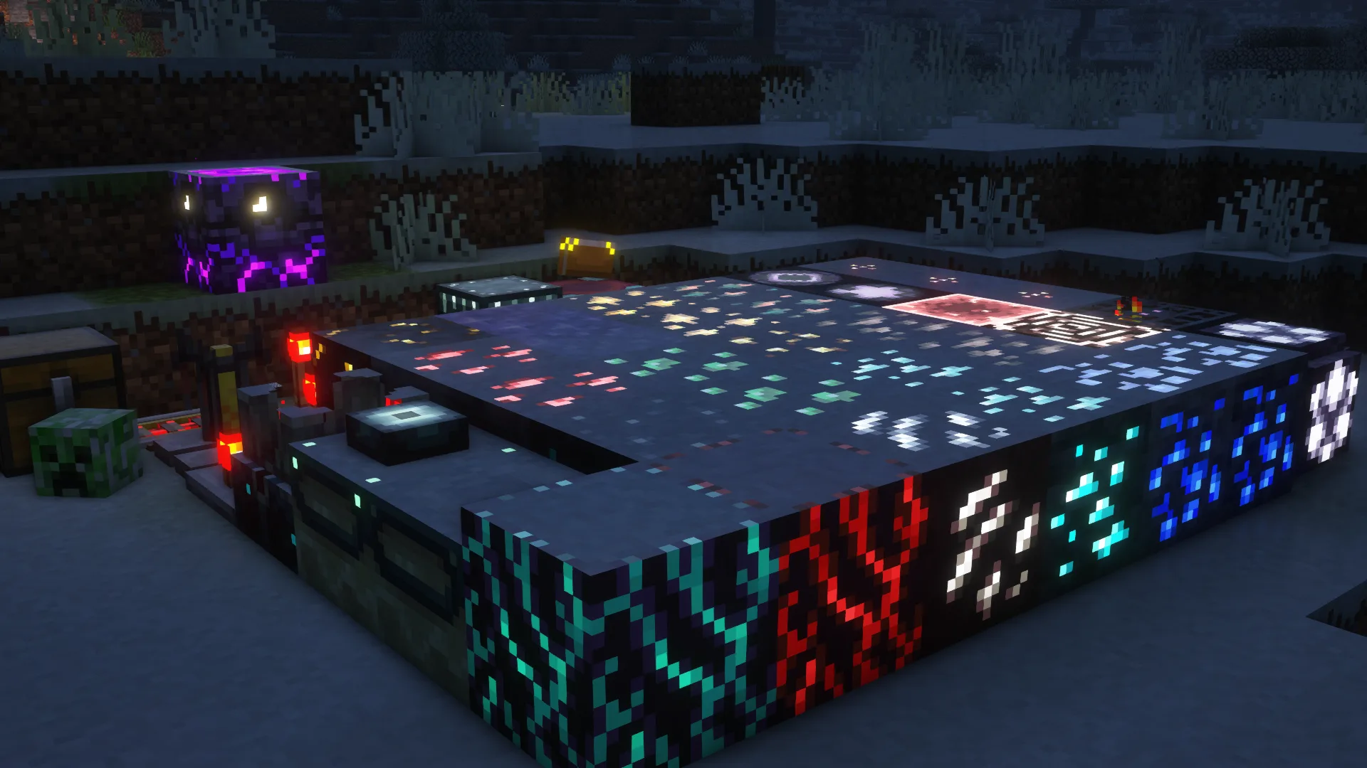 Светящиеся блоки, освещающие снег.