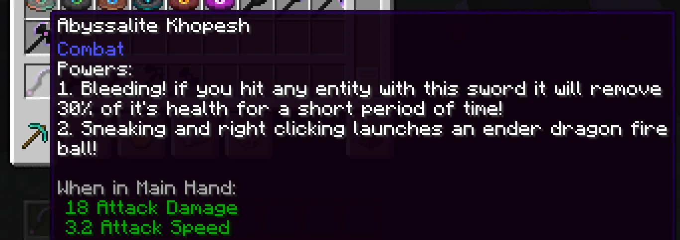 Скриншот мода VoidSmith: демонстрация способностей меча с эффектом кровотечения и запуском снарядов Энда.