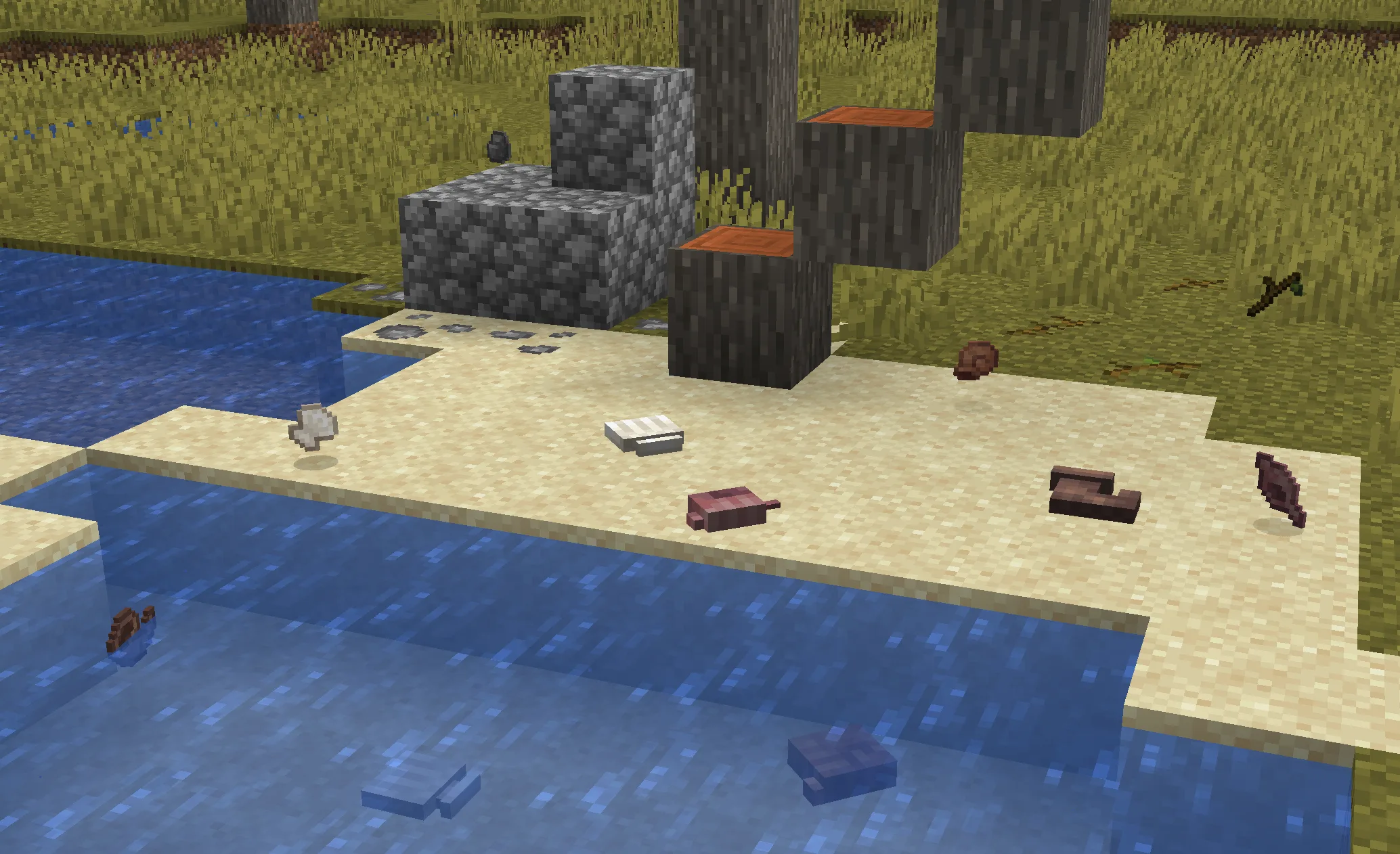 Декоративные элементы: морские ракушки, галька и веточки в Minecraft.