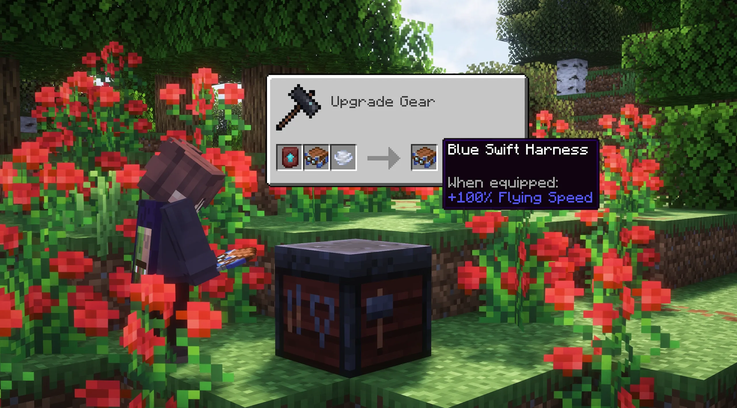 Скриншот игрового интерфейса мода Swift Ghasts с процессом создания баннера на кузнечном столе.