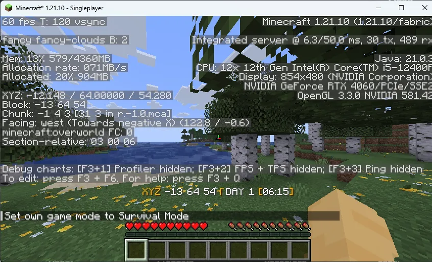 Интерфейс Minecraft с отображением количества игровых дней, координат и времени в формате 24 часа.