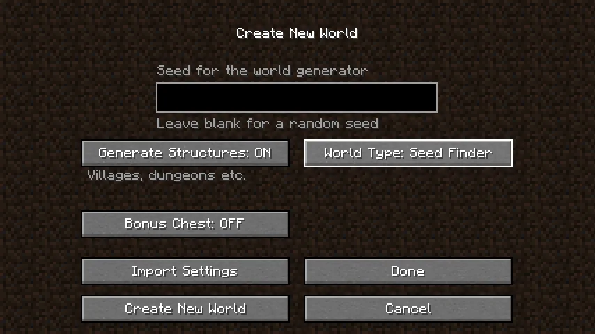 Выбор типа мира в моде Seed Finder