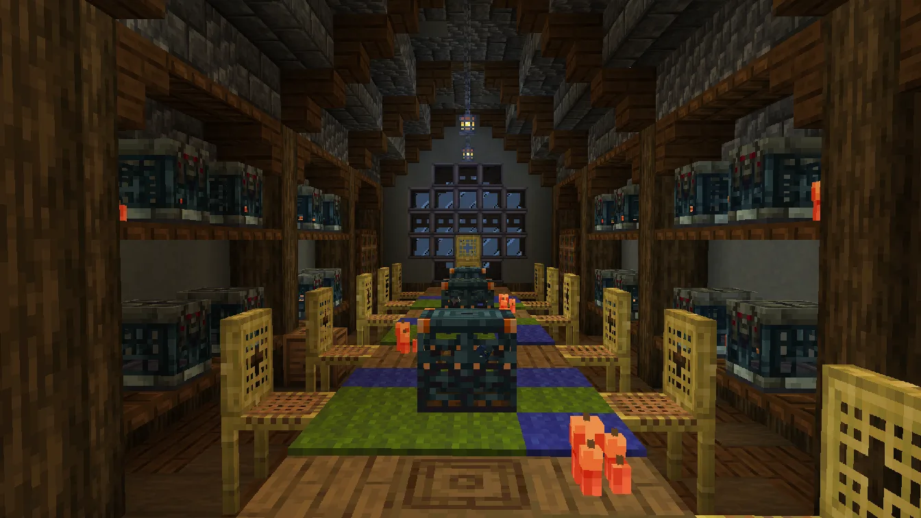 Верхняя комната лесного особняка в Minecraft.