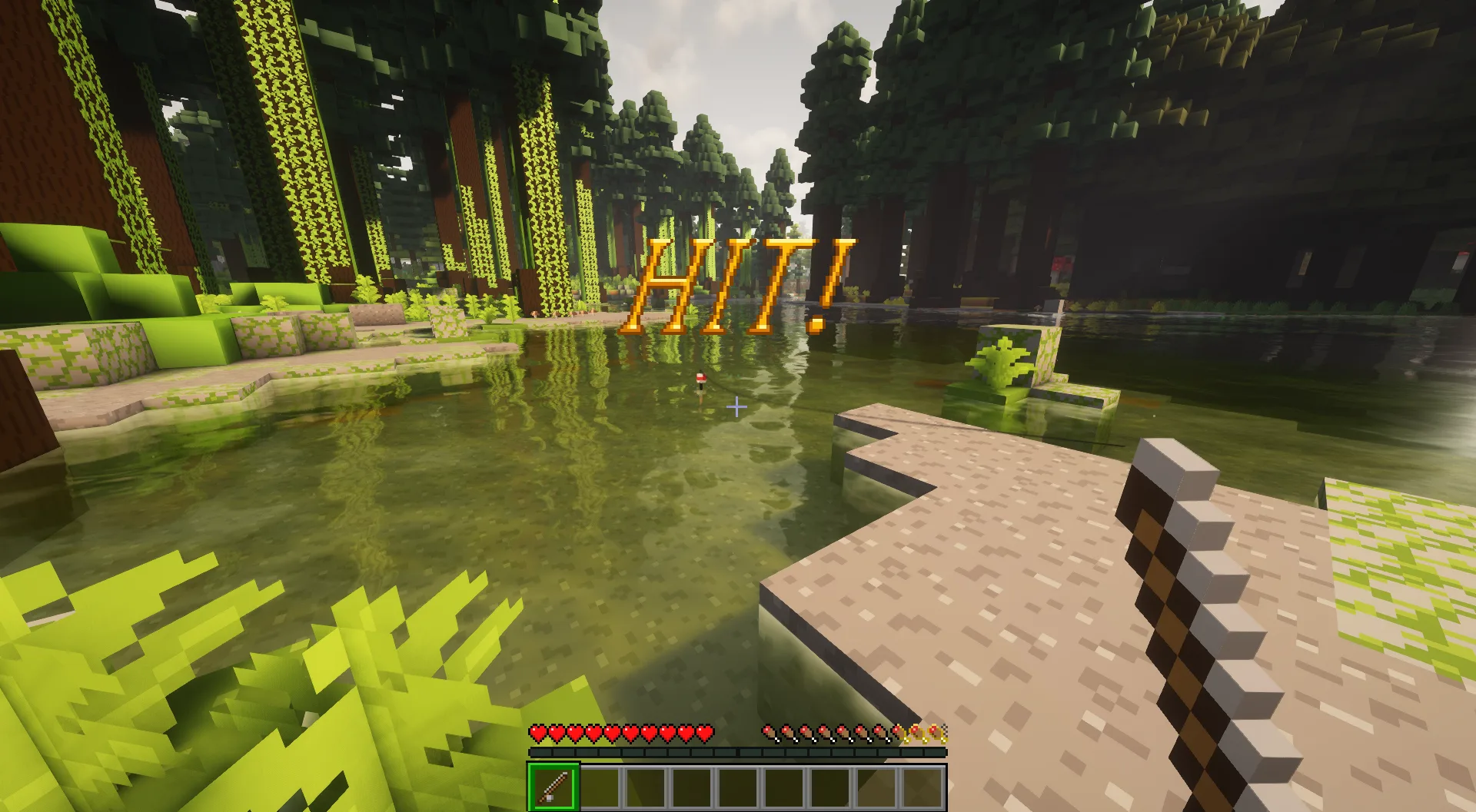 Значок «HIT!» из мини-игры рыбалки в стиле Stardew Valley.