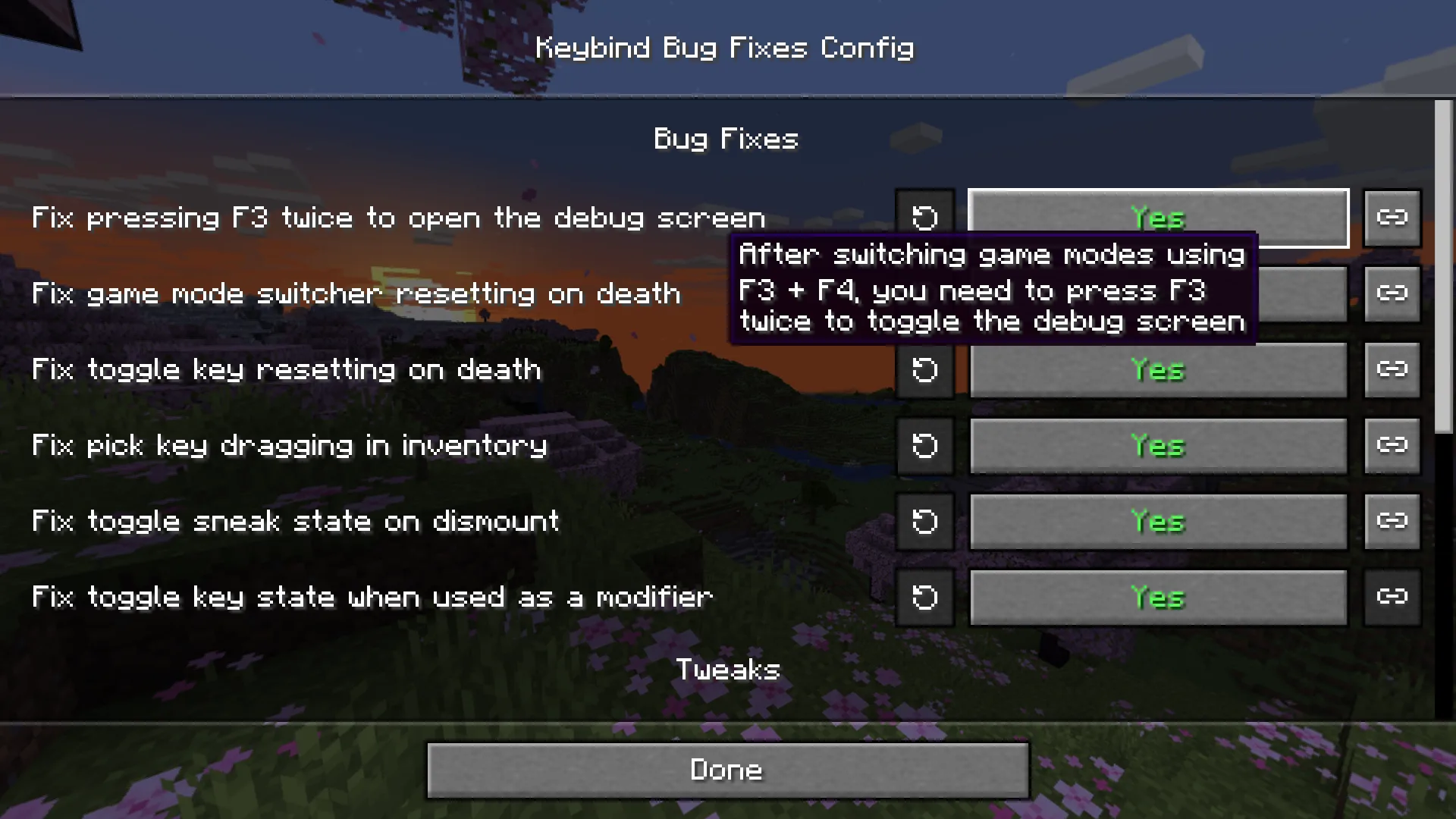 Экран конфигурации мода Keybind Bug Fixes