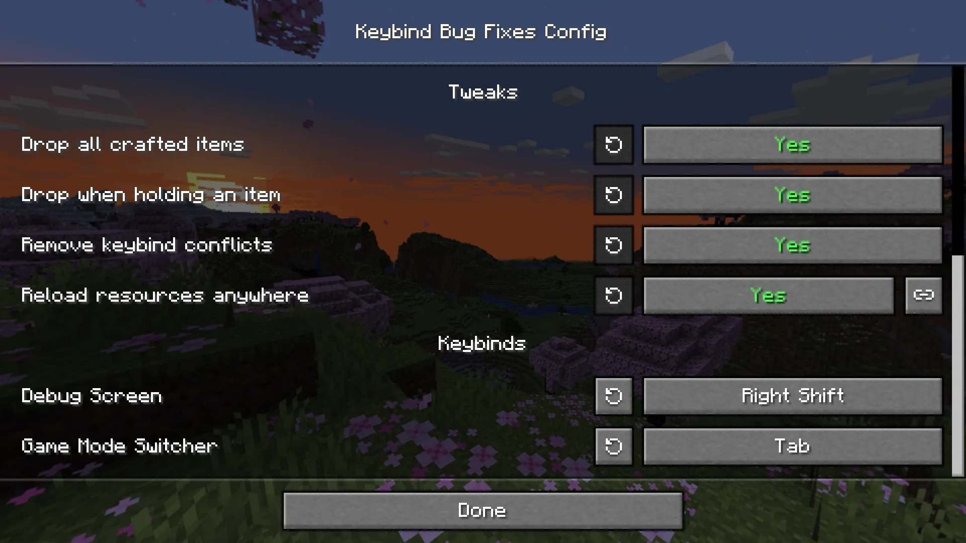 Дополнительные настройки экрана конфигурации мода Keybind Bug Fixes