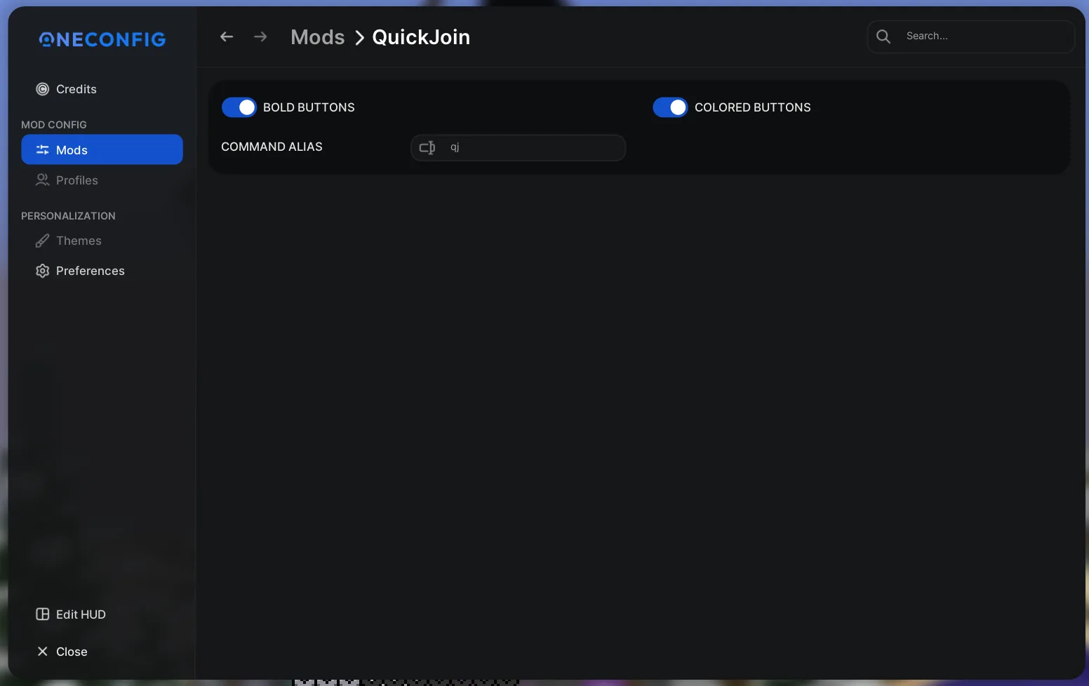 Меню настроек мода Quickjoin