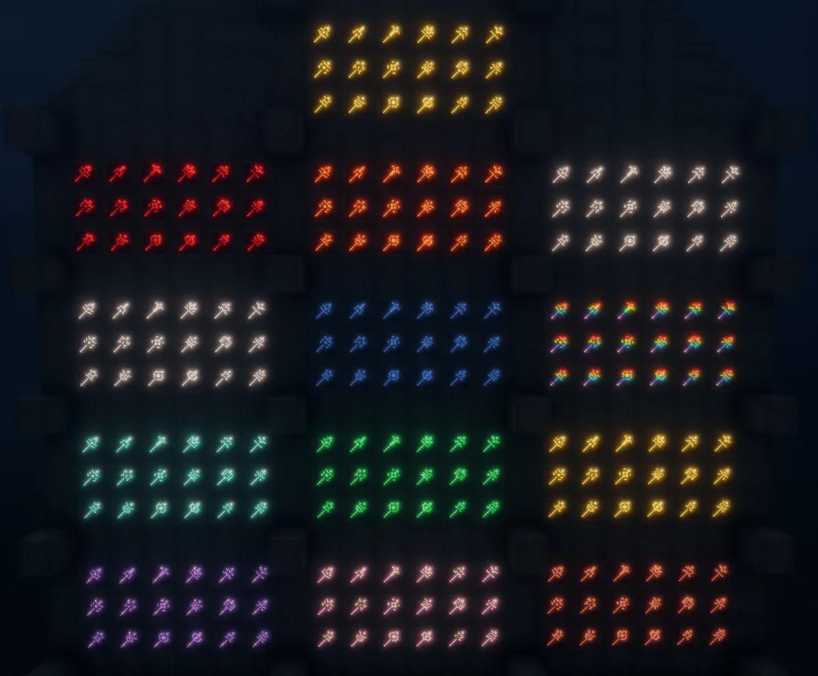 Светящиеся элементы отделки на булаве в Minecraft в ночное время.