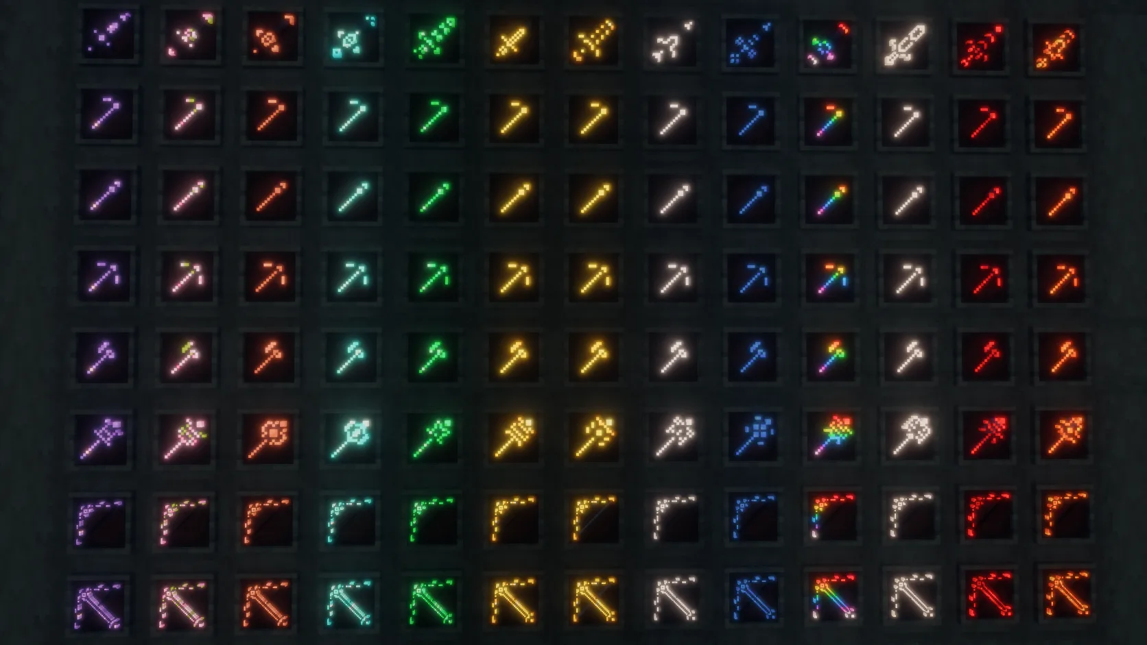 Светящиеся узоры на оружии и инструментах с использованием шейдеров.