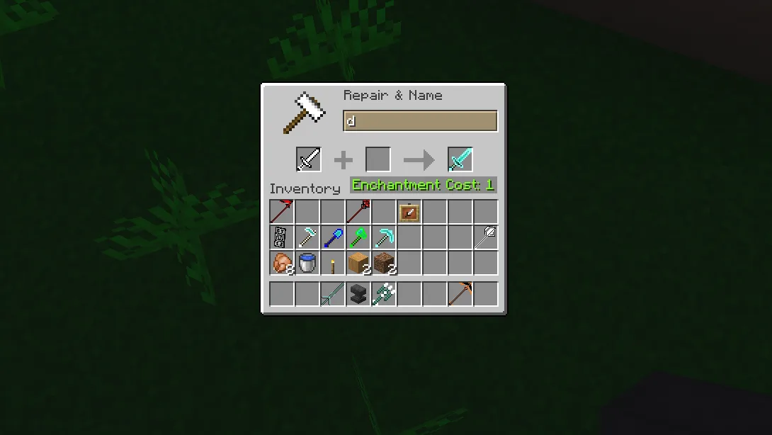 Светящиеся текстуры оружия и инструментов в Minecraft, полученные через переименование.