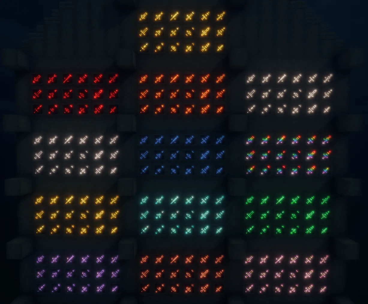 Светящиеся декоративные узоры на мечах и инструментах Minecraft.