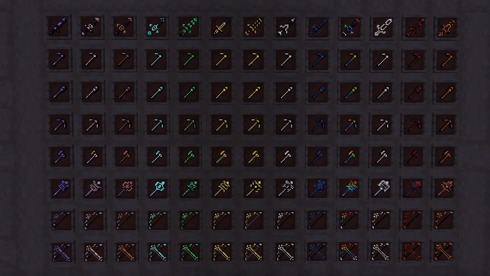 Светящиеся элементы отделки на оружии и инструментах в Minecraft.