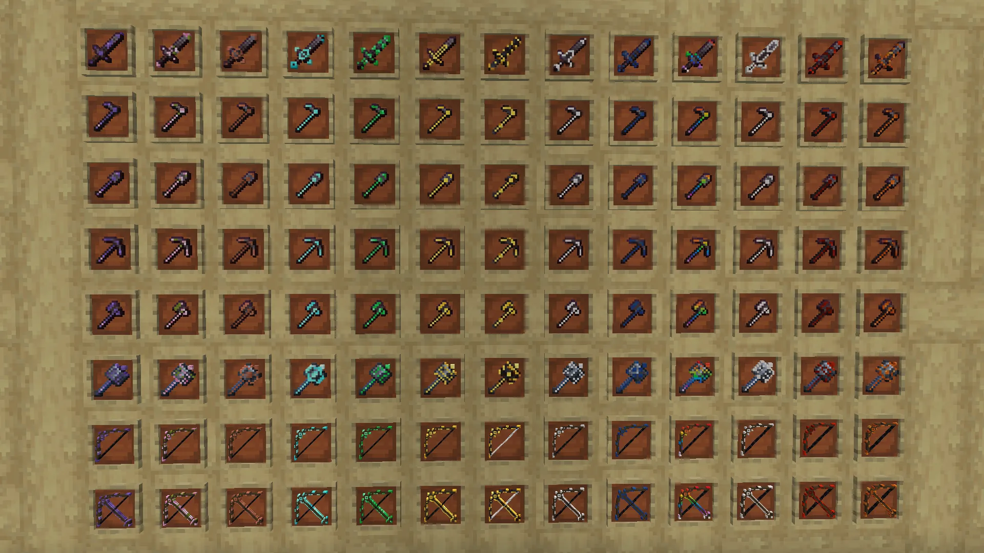 Набор инструментов и оружия Minecraft со светящейся отделкой.