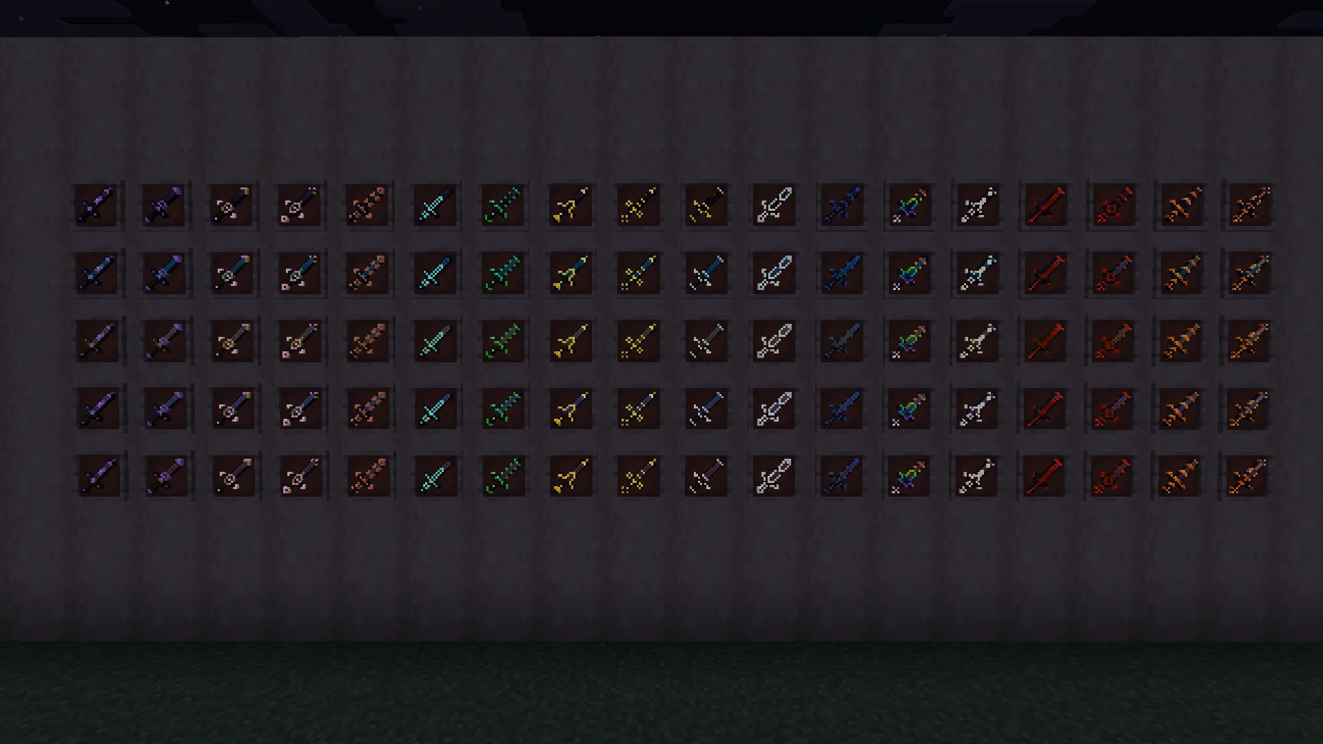 Светящиеся декоративные элементы на мечах и инструментах в Minecraft.