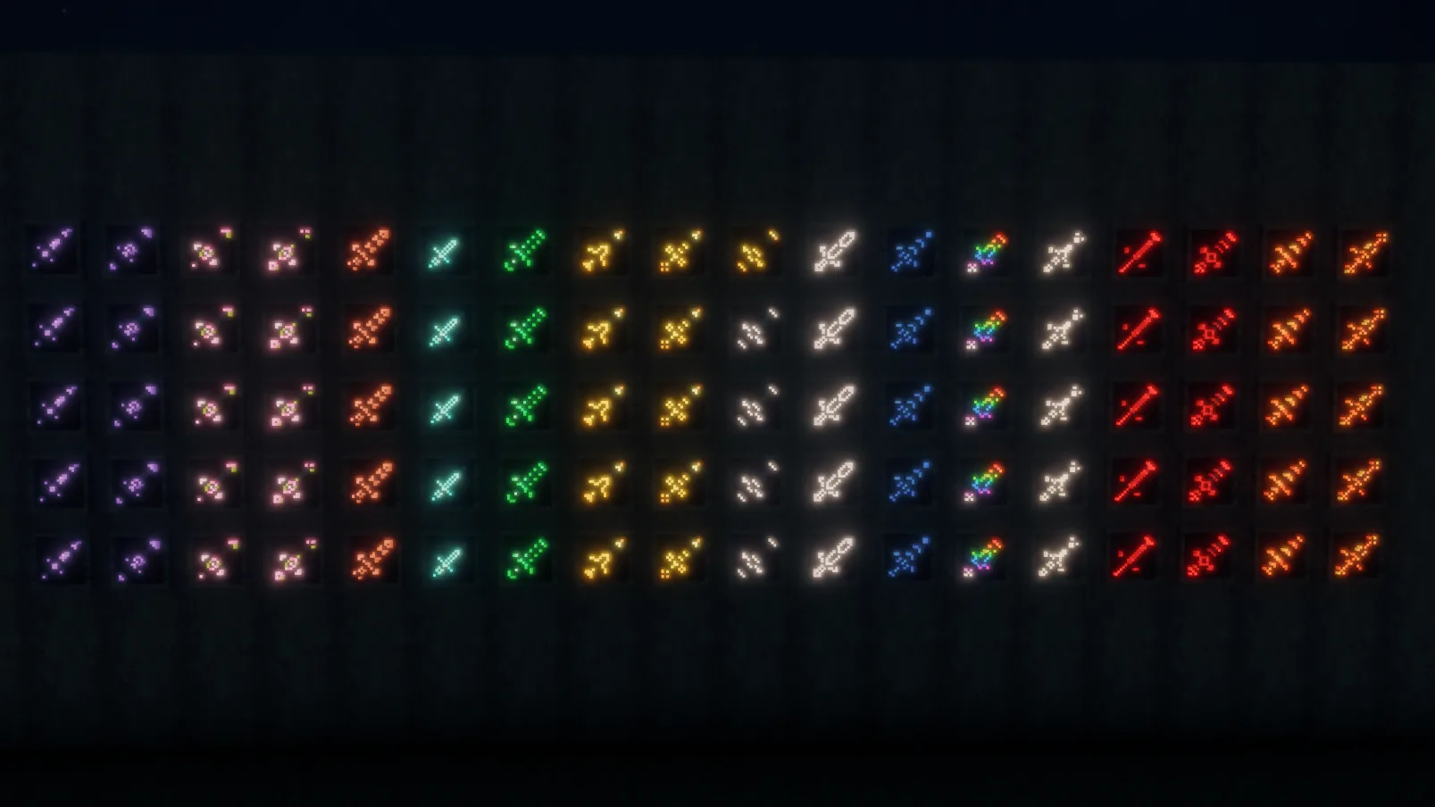 Набор мечей и инструментов из Minecraft со светящейся отделкой.