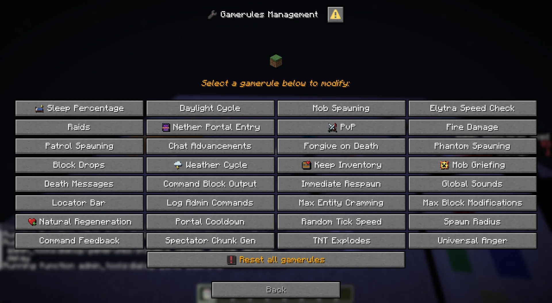 Меню игровых правил в The Admin Tool