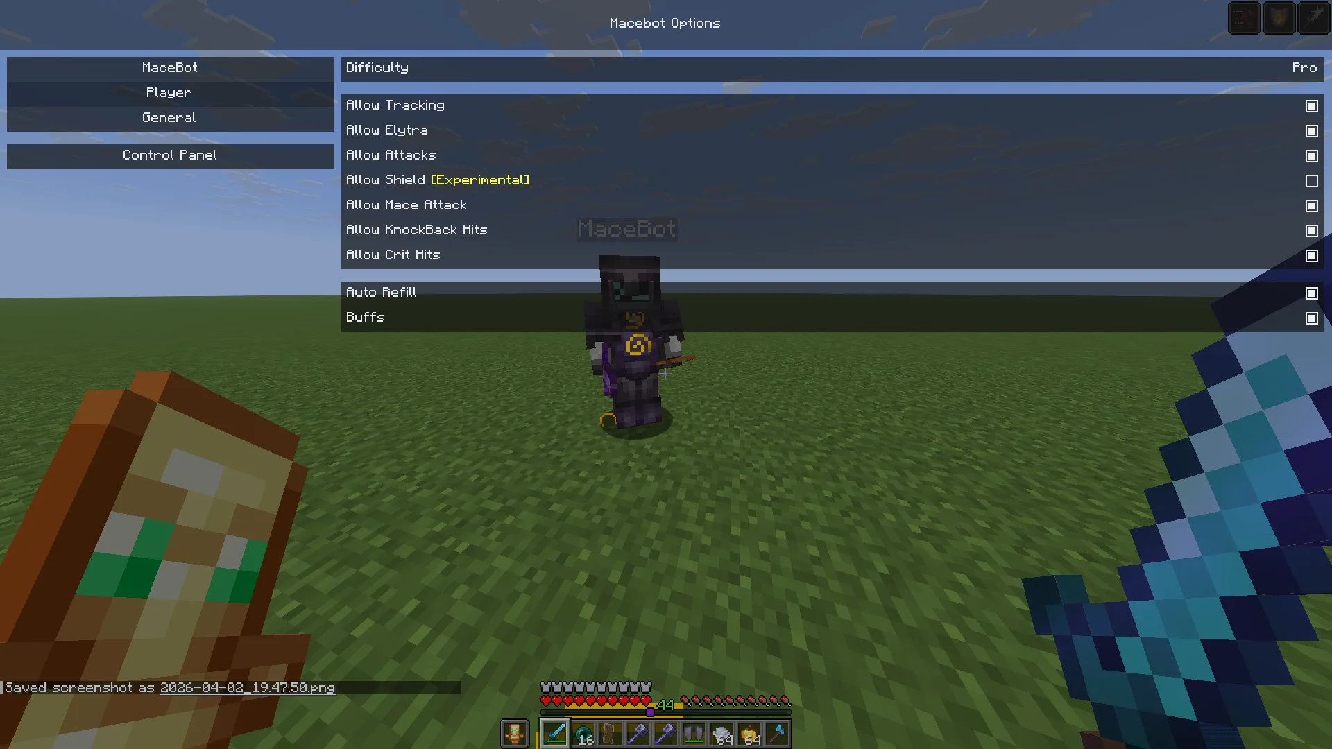Меню настроек мода MaceBot, открытое через кнопку шестеренки в панели управления.