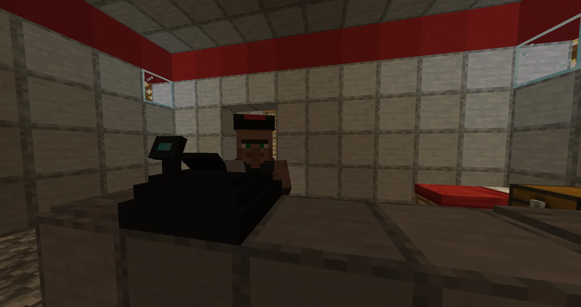 Жители-кассиры в Minecraft, продающие жареную курицу и скупающие ингредиенты для мода It's Peat, I'm Afraid.