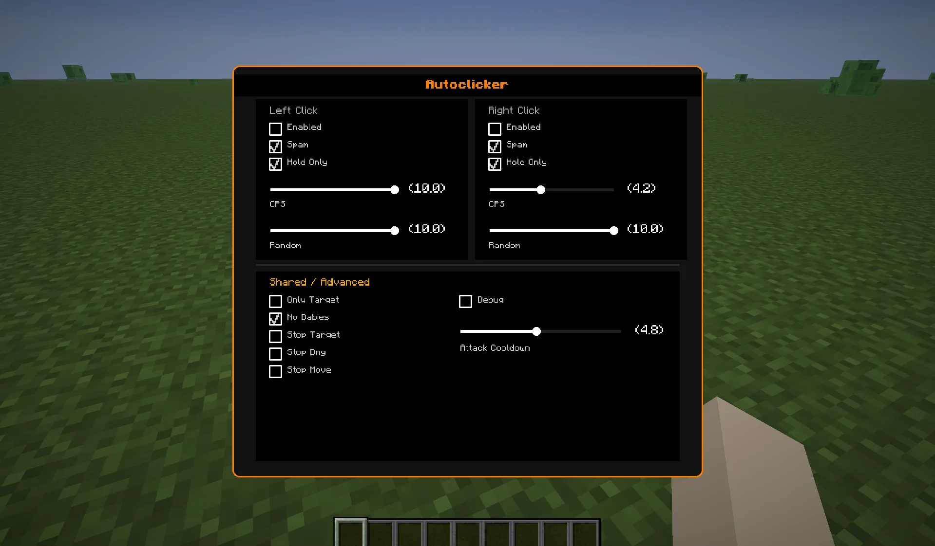 Интерфейс программы Advanced Autoclicker в игре, открываемый клавишей 0.