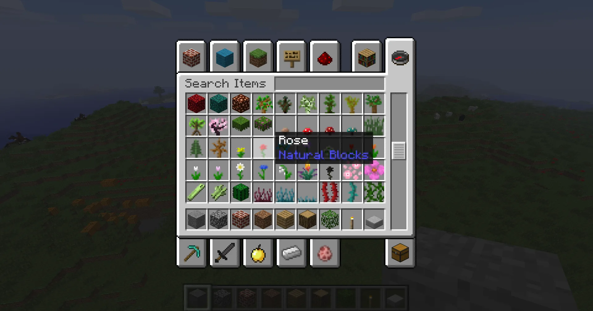 Скриншот Minecraft с измененными названиями предметов: «Rose» вместо «Poppy» и «Flower» вместо «Dandelion».