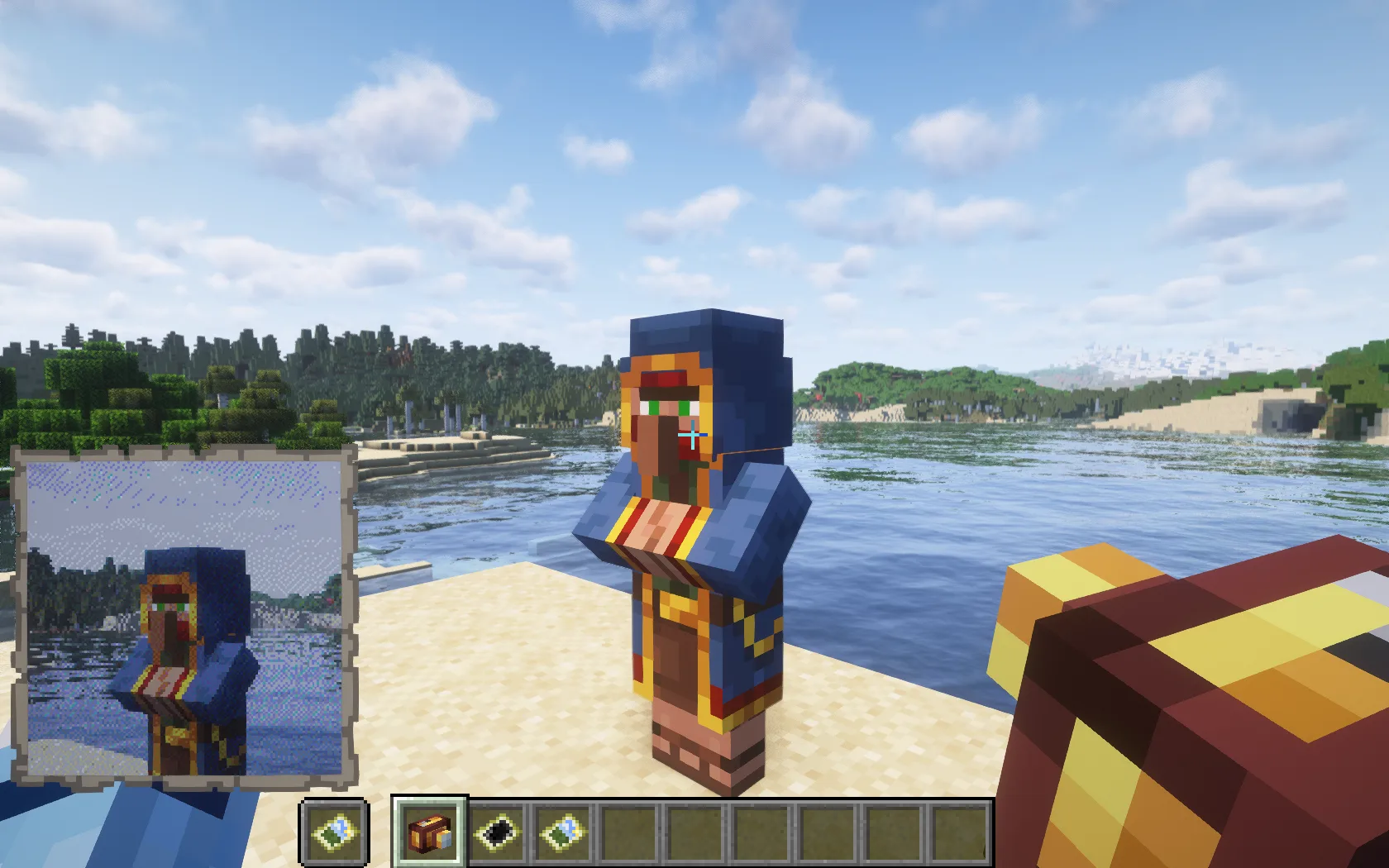 Игрок фотографирует странствующего торговца в Minecraft.