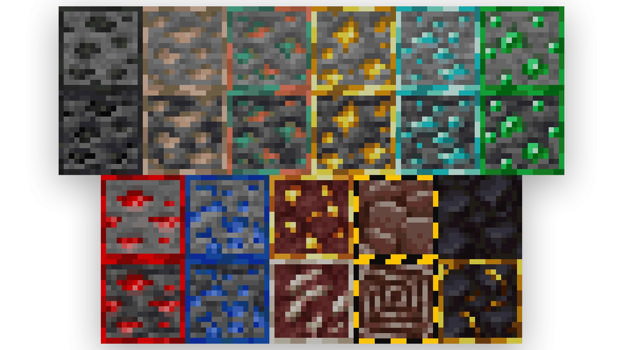 Скриншот с демонстрацией всех видов руд из мода Ore Borders.