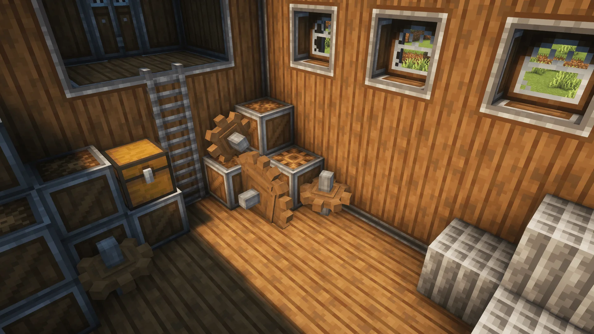 Склад с ящиками шестеренок и связками валов из мода Create Compressed.