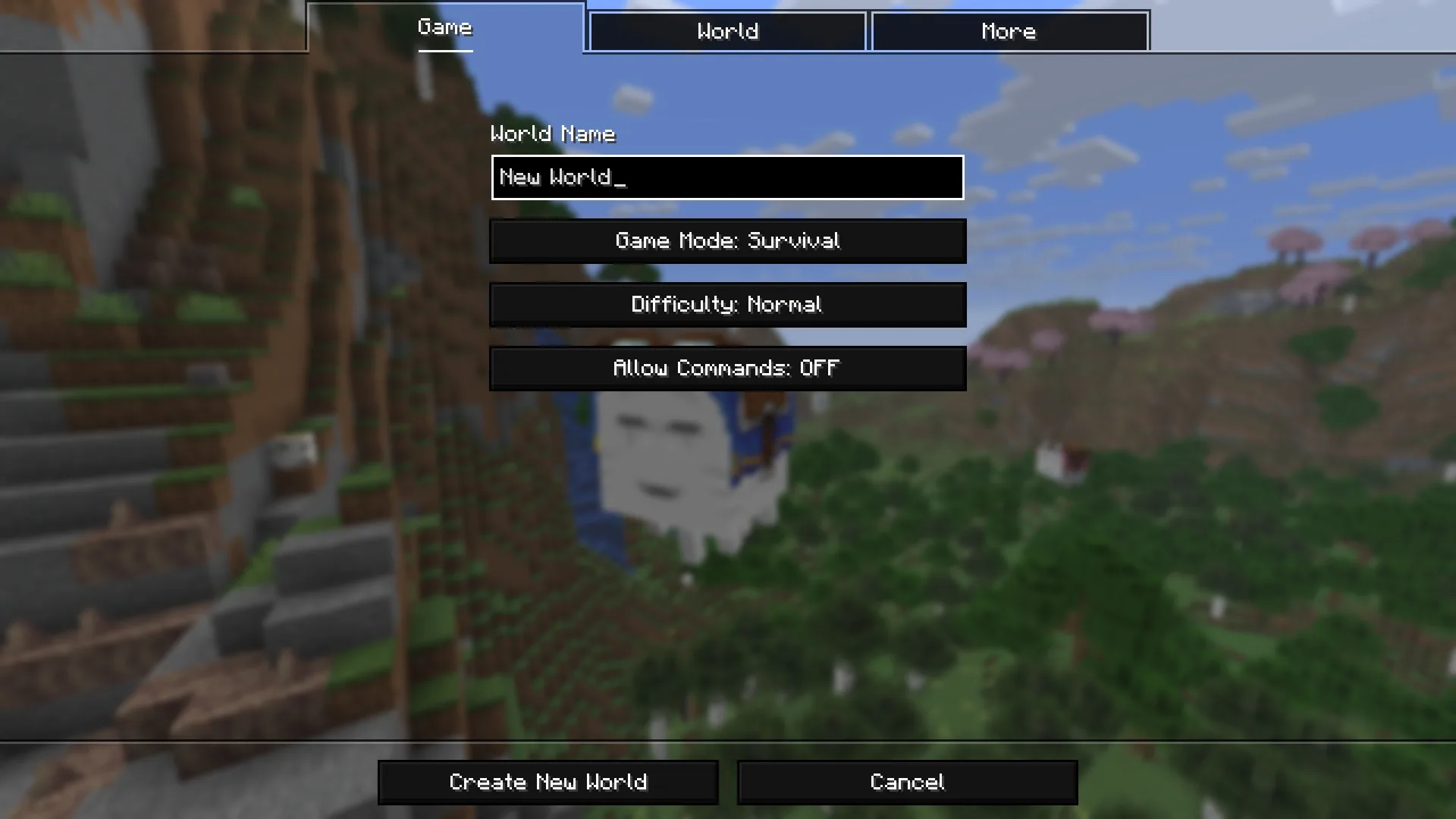 Меню создания нового мира в Minecraft.