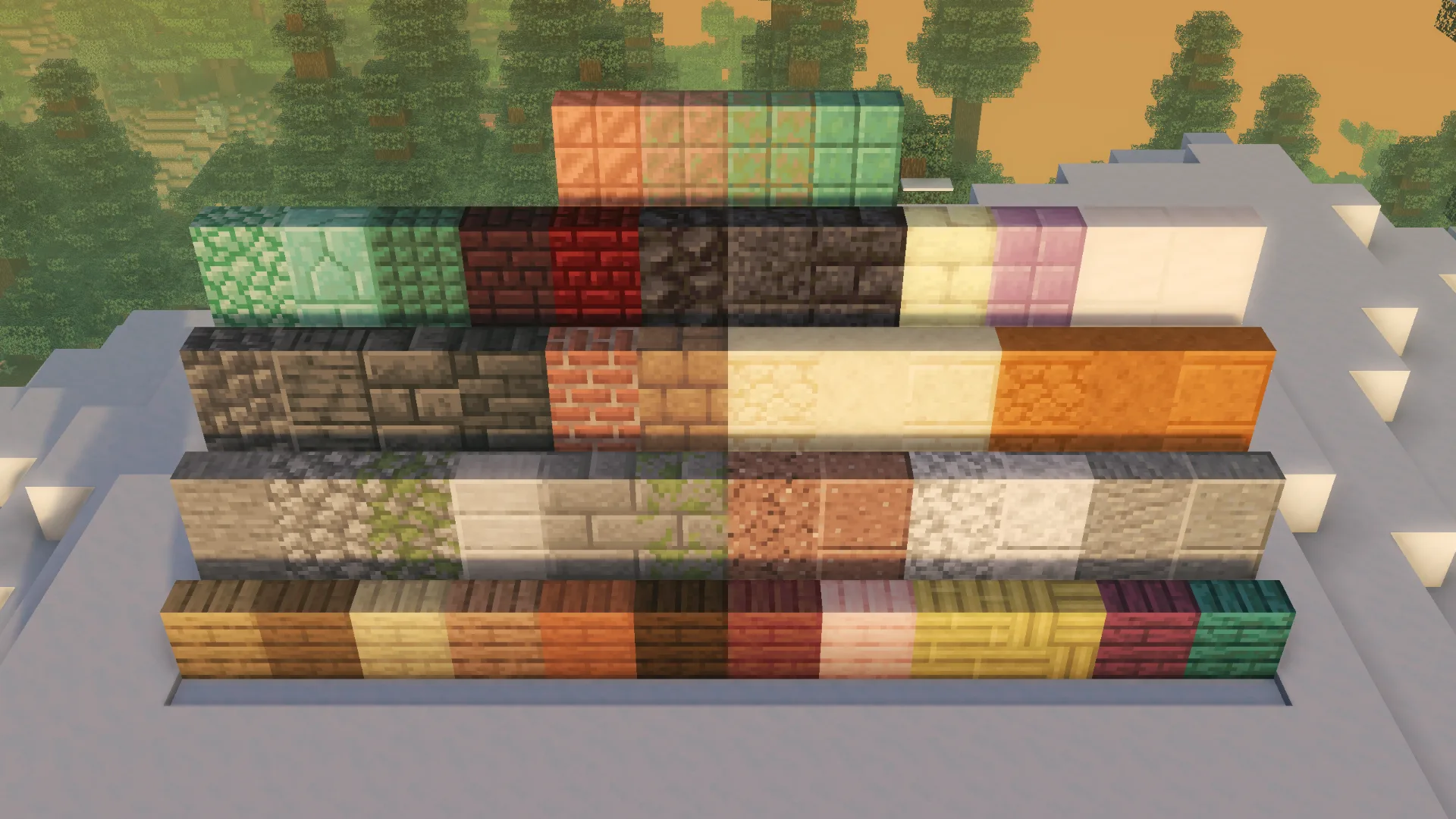 Скриншот всех доступных вертикальных плит из мода Enchanted Vertical Slabs версии 1.9.