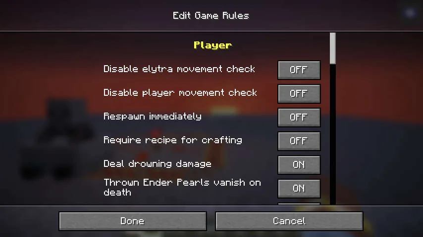 Меню настроек игровых правил в интерфейсе Minecraft.