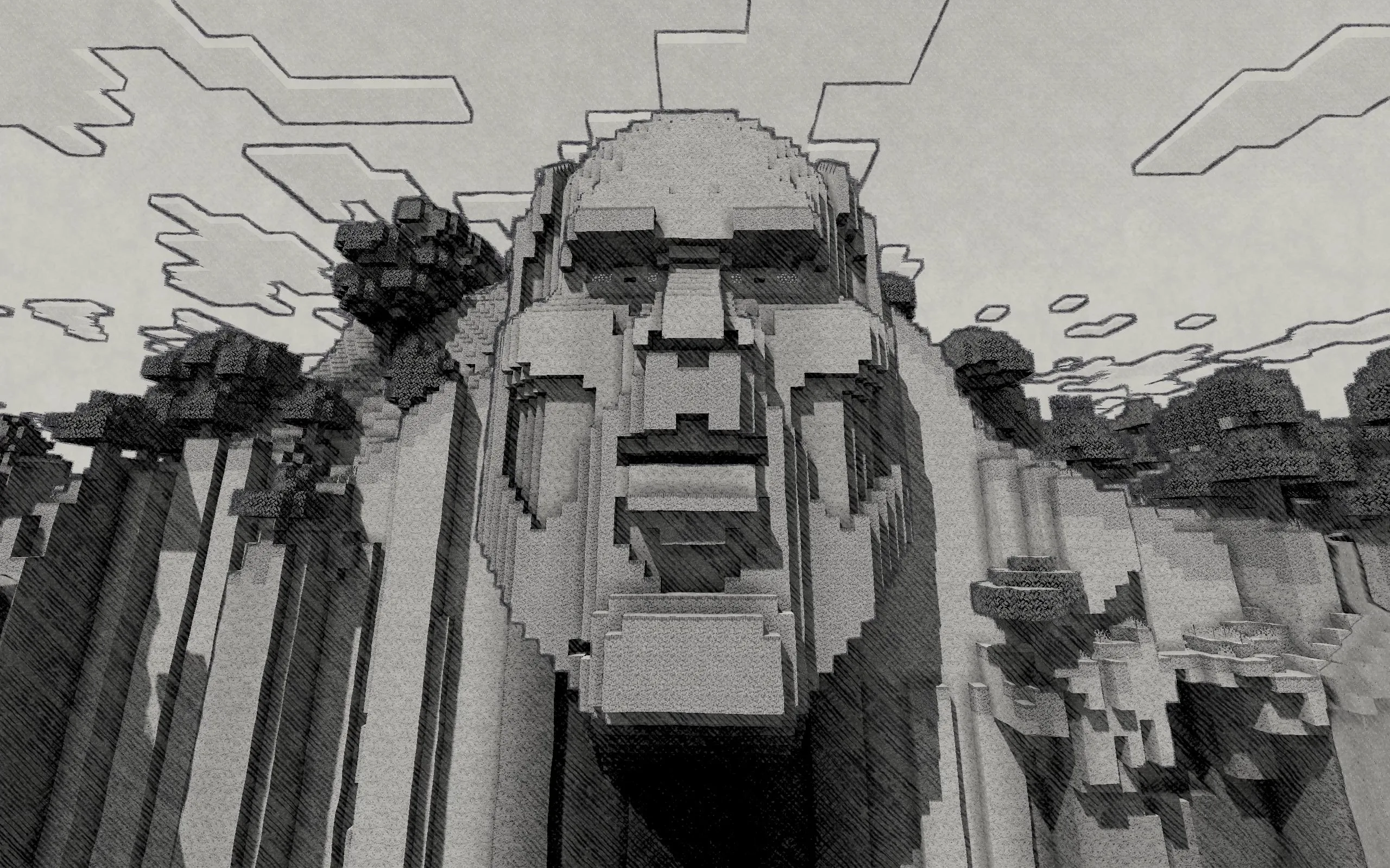 Храм Бога в Minecraft, стилизованный под рисунок.