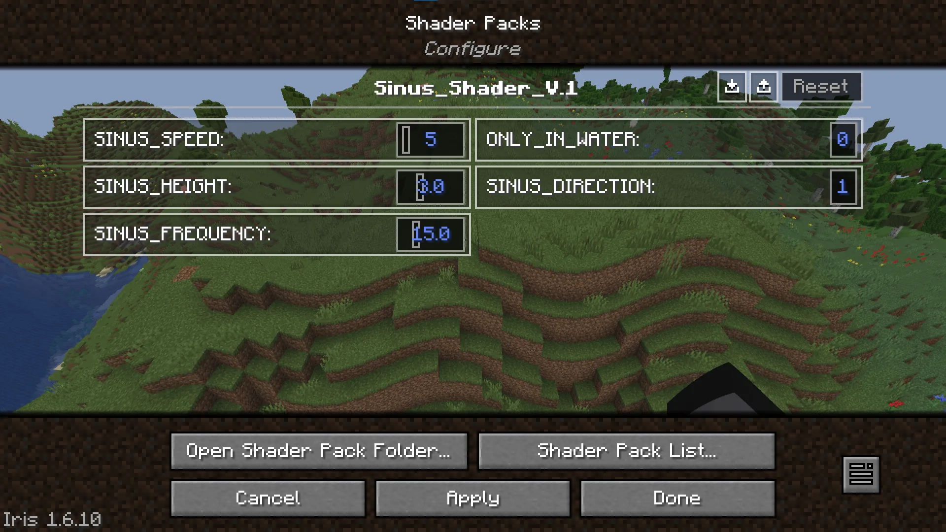 Настройки шейдера Sinus Shader для больших волн.