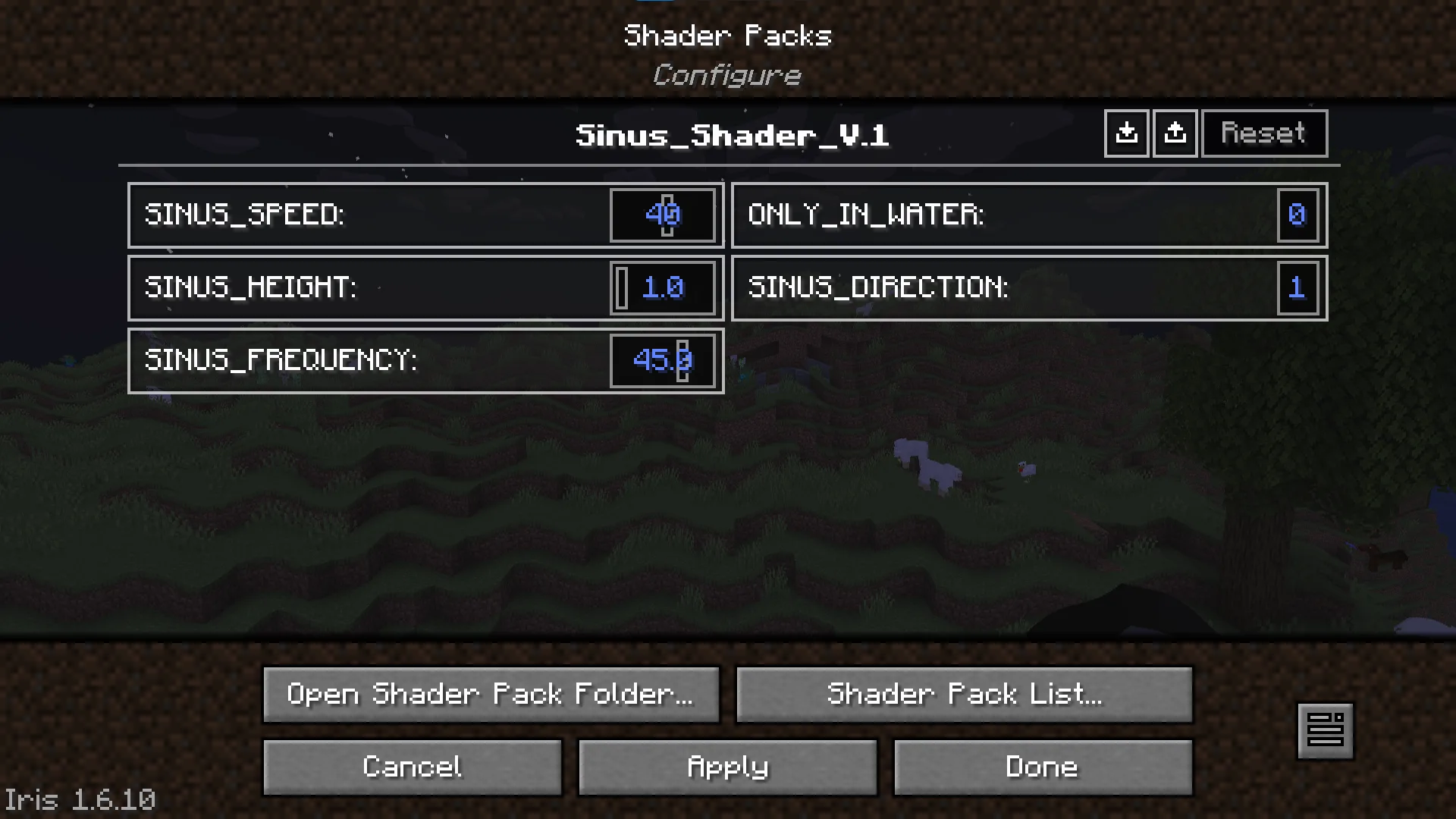 Пример настроек шейдера Sinus Shader с маленькими волнами.