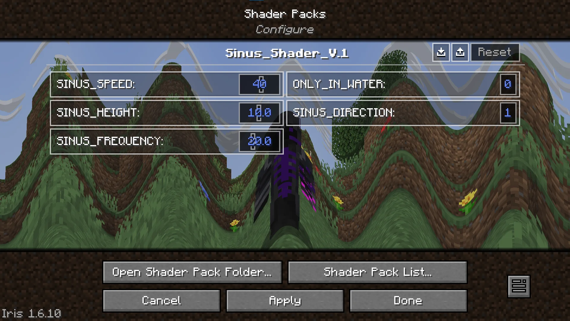 Sinus Shader - Sine Wave: пример настроек.