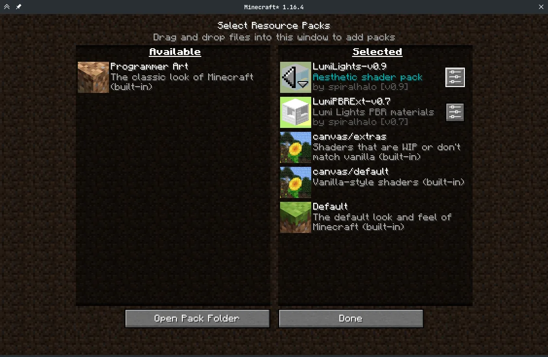 Экран настроек Respackopts с кнопками для управления текстурами пакетов ресурсов.