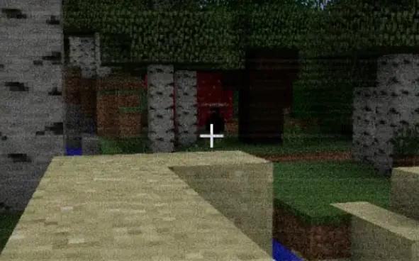 Вид на персонажа в Minecraft внутри каменного коридора.