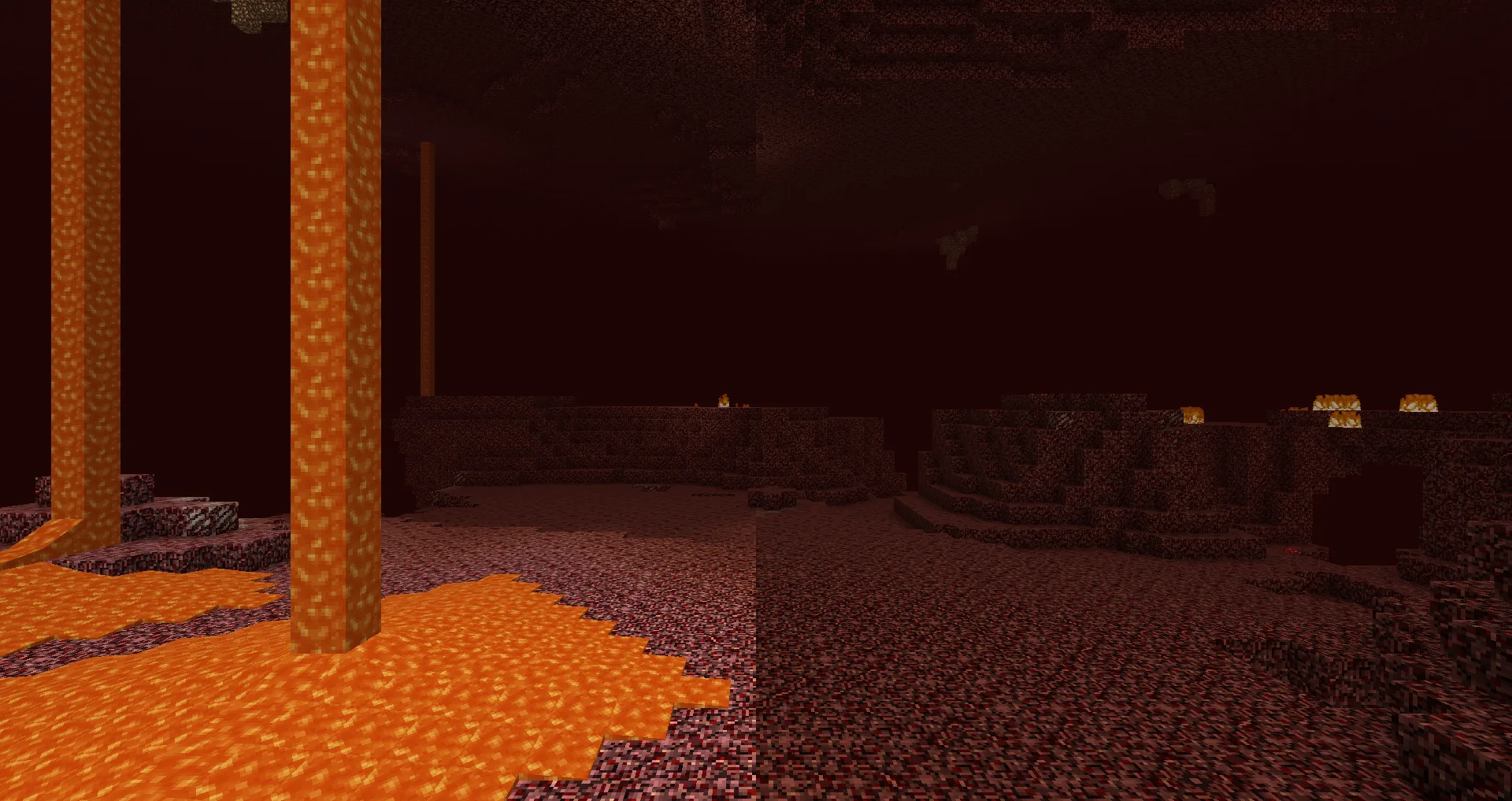 Сравнение игрового ландшафта Minecraft с установленным модом LavaSweeper и без него.