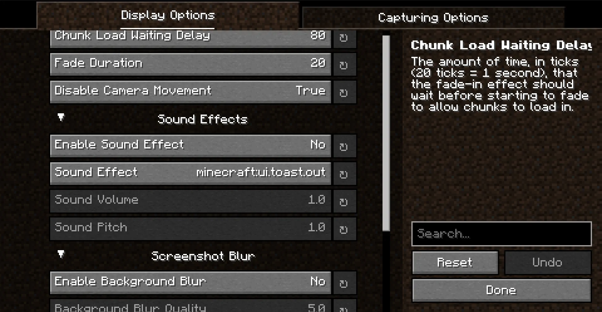 Экран настроек мода Seamless Loading Screen.